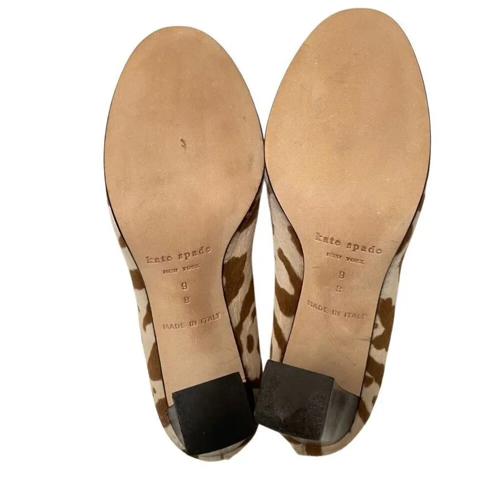 Kate Spade NY Cow Print Block Heel Pump‎ Women’s 9 Calf Hair Italy Tan Brown